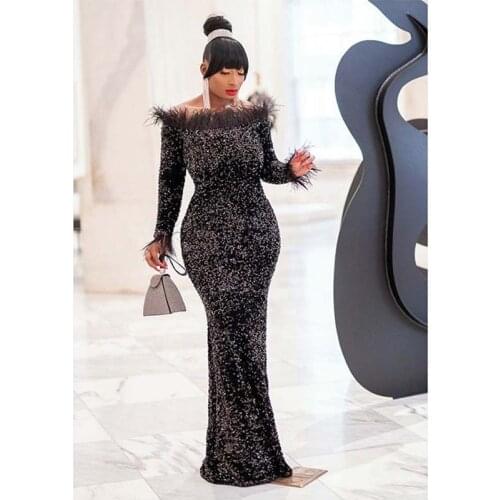 Sexy Slash Neck Sequins Velvet Dress African Clothes Women Bodycon Dress Long Sleeve Feather Collar Bandage Evening Dress Party