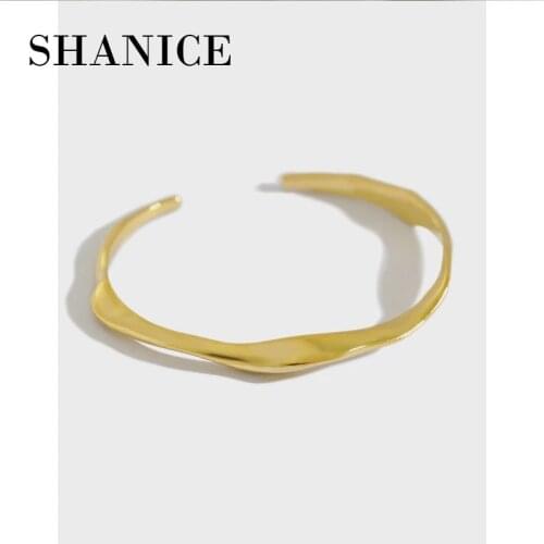 SHANICE 925 Sterling Silver Ins simple irregular irregular convexo-concave surface smooth Bangle Bracelet Open Bangles Jewelry