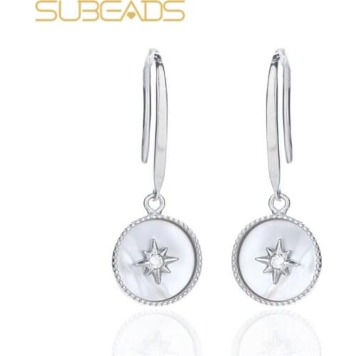 Subeads Real 925 Sterling Silver Crystal Shell Hexagram Drop Earrings For Women Star Pearl Double Side Dangle Earrings Jewelry