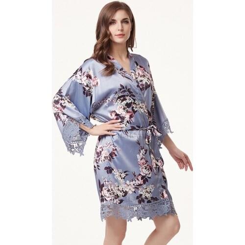 Wedding Floral bride Satin Silk Kimono Robes With Lace Trim Women Wedding Bridal Robe Short Belt Dressing Gown Bathrobe