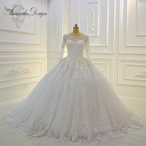 Amanda Design vestido de noiva princesa Long Sleeve Crystal Puffy Ball Gown Wedding Dress
