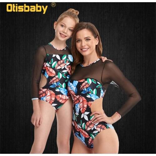 High Quality Swimwear Fabric Long Sleeve Suntan-Proof Swimwear Mother Kids Matching Clothes Sets Girls' Womens Beach Swimsuit