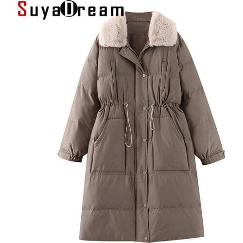SuyaDream Woman Long Parkas Sustans Filling Zip Up Fur Collar 2020 Winter Qulited Solid Warm Coat
