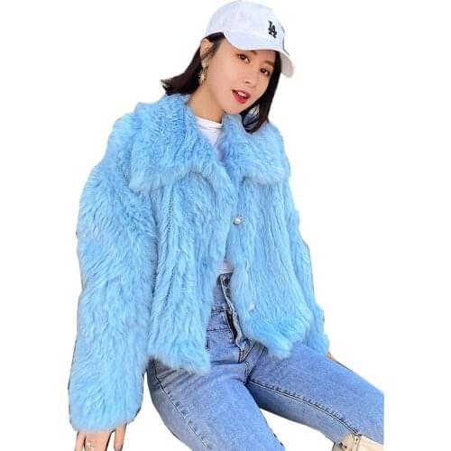 Winter Autumn Fashion Women Genuine Rabbit Fur Coat With Turn down Big Fur Collar Long Lady Casual Knitted Jacket