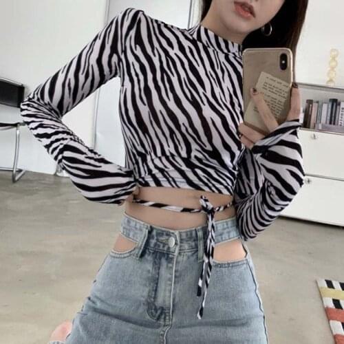 Zebra print backless long-sleeved womens tight-fitting slim-fit inner base shirt 2021 new cropped top женск блузк топ