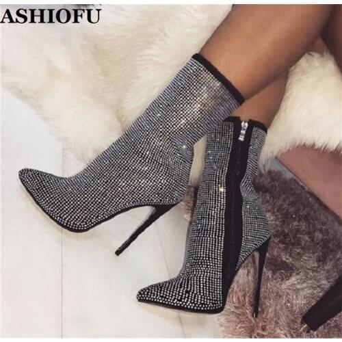 ASHIOFU Classic Handmade Women Thin Heel Boots Crystals Party Prom Side-zipper Ankle Boots Pointy Evening Club Fashion Boots
