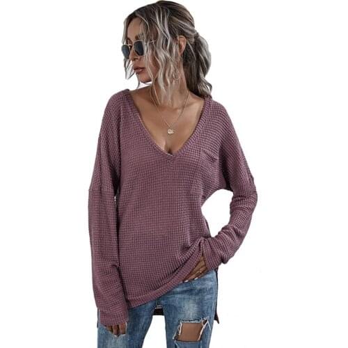 Solid V-neck Split Pockets Knitted Women Pullover Sweater 2020 Autumn Winter Casual Long Sleeve Female Jumper