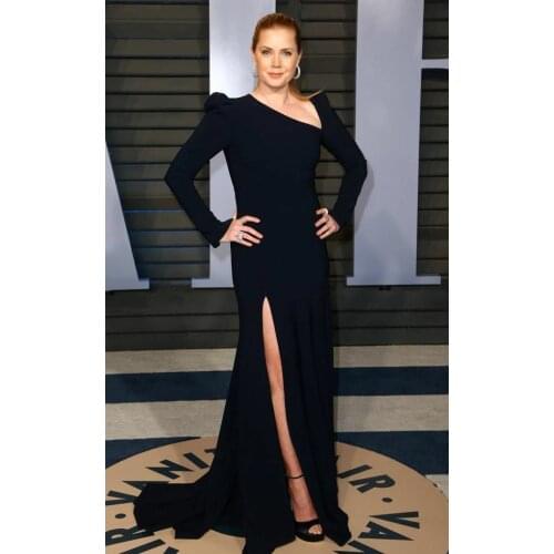 Vintage Long One Shoulder Black Celebrity Dresses Stretchy Robe De Soiree Floor Length Mermaid Satin Slit Formal Gowns for Women