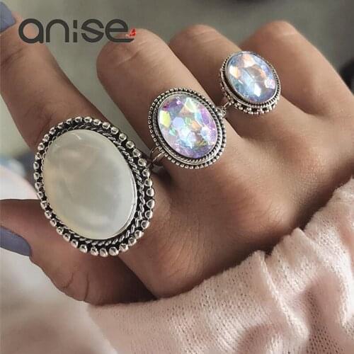 Anise Luxury Crystal White Opal Ring Set Woman 3pcs / Set Vintage Geometry Silver Color Bohemian Finger Rings Wedding Jewelry