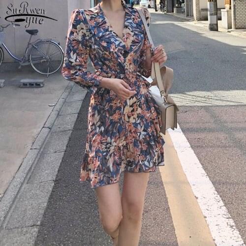 Vintage Chic Summer Floral Women Dress 2021 Long Sleeve Print Short Dress Party Elegant High Waist Female Dresses Vestidos 13929