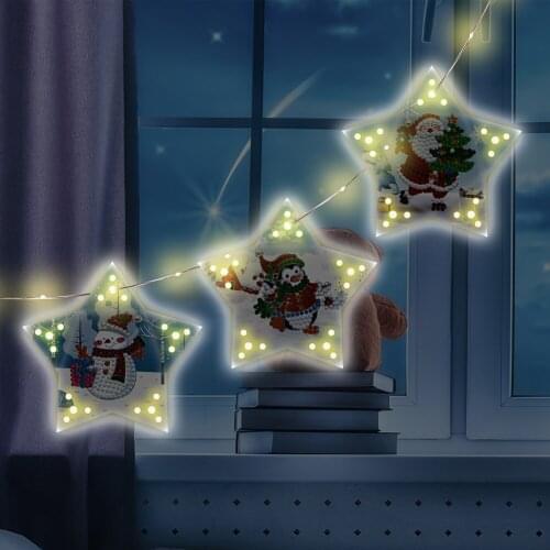 5D DIY Diamond Painting Christmas Tree Ornaments LED Hanging Star Lights Rhinestone Pentagram Light Lamp Craft Kit Decor