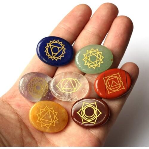 7 PCS Chakra Stone with Cat Eye Stone 27x23MM Engraved Symbol Polished Palm Stone Reiki Crystal Healing Natural Stone Divination