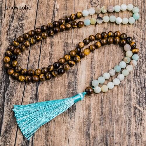 Frosted Amazonite Yellow Tiger Eyes Beaded Necklace Set Meditation Yoga Blessing Japamala Spirit Jewelry 108 Mala Beads