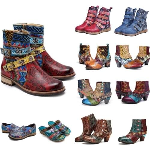 Vintage Splicing Printed Ankle Boots For Women Shoes Woman PU Leather Retro Block High Heels Women Boots
