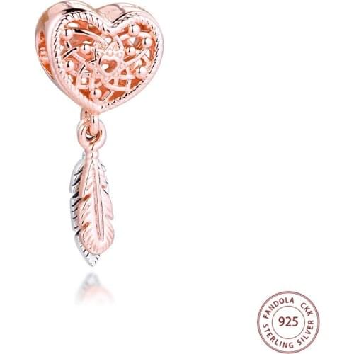 925 Sterling Silver Openwork Heart & Two Feathers Dreamcatcher Charms Beads for Jewelry Making Fits Pandora Bracelet Charmsy