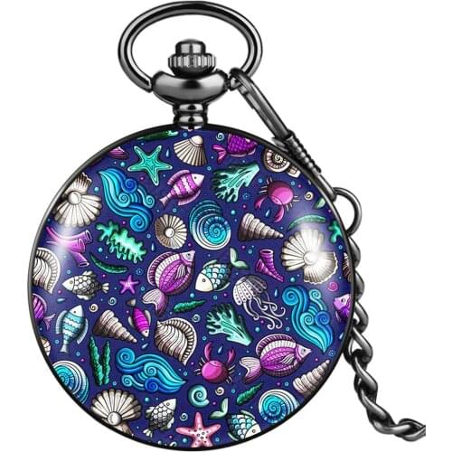 Conch Shell Underwater World Men Classic Black Quartz Pocket Watch Simple White Digital Dial Durable Thick Chain Pendant Watch