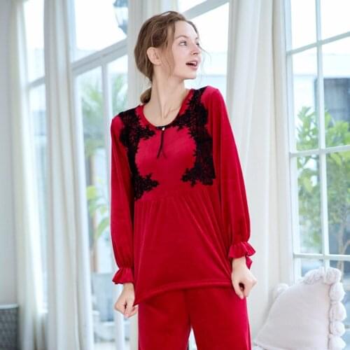 Flannel home service female Korean pajamas long sleeve trousers suit plus size sweet girl palace style pijama mujer sleepwear