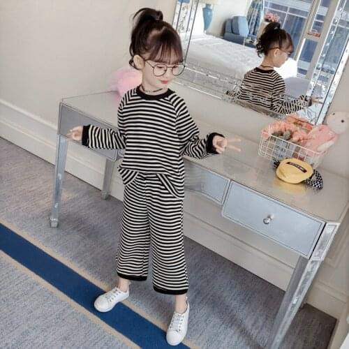 Girls Autumn Striped Sport Clothing Set Tops + Pants 2 Pcs Baby Kids Wide Leg Trousers Suit Childrens Leisure Loose Clothes B43
