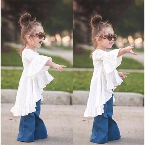 2021 Fashion Toddler Kids Baby Girls Bell-Bottoms Flare Pants Denim Wide Leg Jeans Trousers Cute Pants for Children Girls Sweet