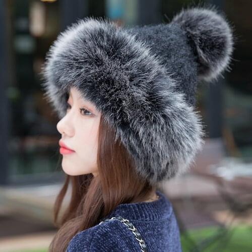 Fashion Women Winter Beanies Pom Pom Hats Rabbit Knitted Skullies Cap Elegant Ladies Winter Thick Warm Russian Cossack Hat