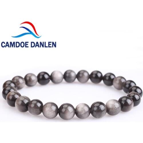 Women Men Fashion Natural Stone Silvery Eye Obsidian Beads Elastic Bracelet Healing Bracelet Jewelry Gifts 6 8 10 12 14 16mm