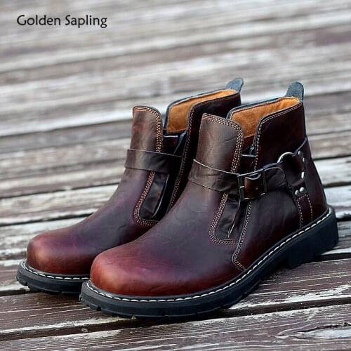 Golden Sapling Fashion Mens Boots Classic Leisure Shoes Genuine Leather Platform Footwear Retro Men Casual Shoe Motorcycle Boot