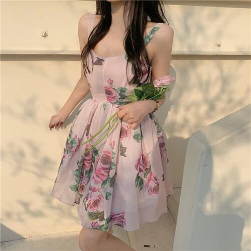 Spaghetti Strap Dress Summer Blooming Floral Print Ruffles Mini Slip Dress Women Chic Lady Sleeveless Beach Dress Sundress