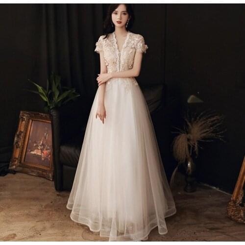 V-neck Short Sleeve Wedding Dress Banquet Evening Dress Female 2021 New Annual Meeting Host Fairy Fantasy Forest Prom Dress A121