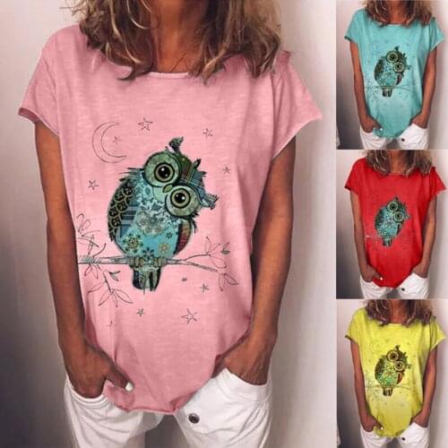 Summer Shirt Women Fashion Comfy Cute Owl Print Short Sleeve Round Neck T-Shirt Casual Streetwear Oversize Female Top Shirts