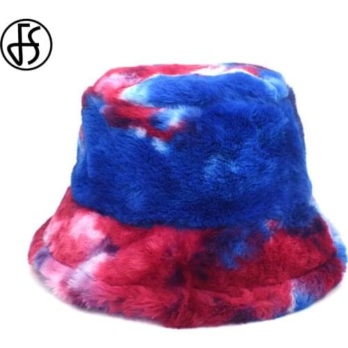 FS New Tie-dye Colorful Gradient Color Fisherman Hat For Women Men Fashion Winter Rabbit Fur Thick Warm Windproof Bucket Hats