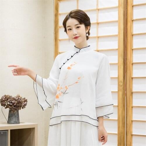 Traditional Chinese Clothing for Women Cheongsam Tops Vintage Floral Print Loose Tang Suit Female White Blouse Hanfu Outfit