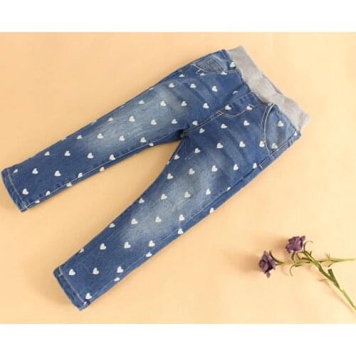 Baby Girls Heart-print Denim Jeans Girls Spring Autumn Cotton Jeans Kids Casual Long Pants Child Elastic Waist Trousers