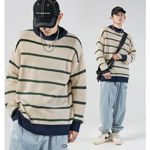 Contrast Stripe Knitted Sweater Autumn Winte Men And Womens Plus Velvet Pullover Harajuku Oversized Sweater Hot Sale