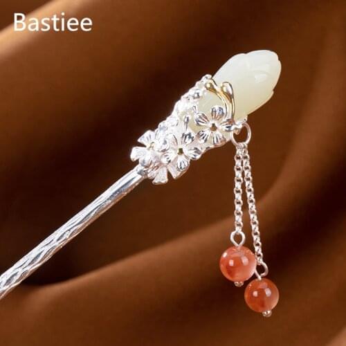 Bastiee 925 Sterling Silver Jade Hair Stick Luxury Chinese Wedding Jewelry Hairpins Women Accessories Tassel Magnolia Flower