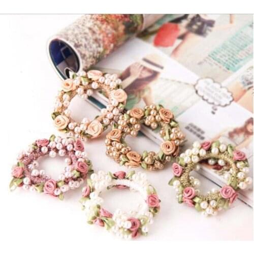 Women Hair Accessories Flower Pearls Beads Headbands Ponytail Holder Girls Scrunchies Elastic Hair Bands Rubber Rope Headdress