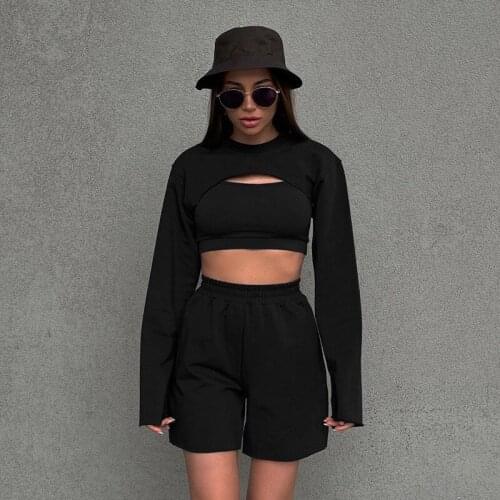 Gothic Harajuku Sexy Three Piece Sets Women Long Sleeve Hoodie Camis Crop Top Sporty Short Pants Aesthetic Fashion E Girl Set
