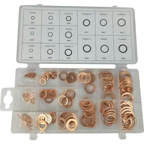 150pcs 15 Sizes Assortment Solid Copper Gasket Washers Sealing Ring Set With Plastic Box