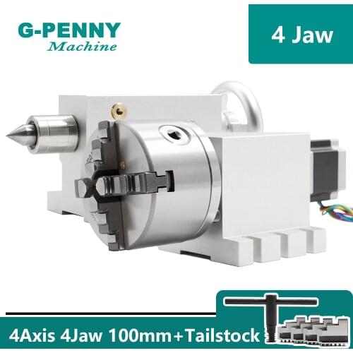 4 Jaw 100mm 4th Axis with Nema23 stepper motor Gapless harmonic gearbox reducer A axis + Tailstock for CNC woodworking machine