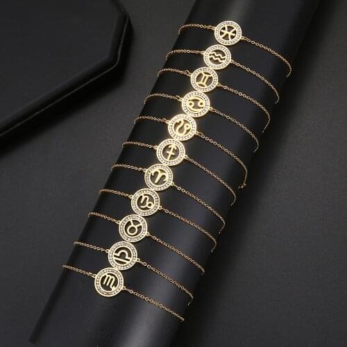 CACANA 316L Stainless Steel For Women Crystal Bracelet 12 Constellation Round Bracelets Gold Color Engagement Gifts Jewelry New