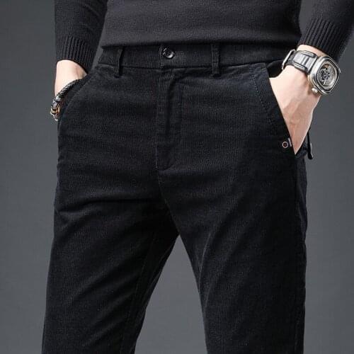 Autumn Winter Pants Men Black Khaki Corduroy Trousers Male Business Casual Pants Straight Warm Thick High Waist 2021