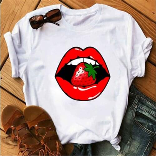 LINNA Summer new womens T-shirt red lips kiss womens T-shirt funny fashion printing T-shirt fashion female Harajuku T-shirt