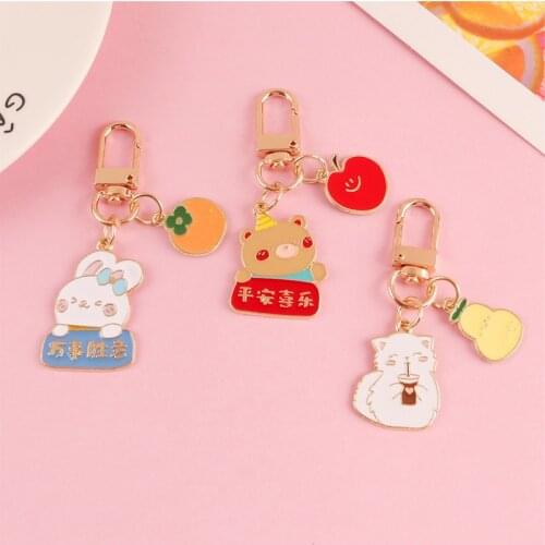 Creative Fruit Animal Hand Dripping oil Rabbit Cat Keychain Alloy Pendant Car Bag Chains Charms Couple Gift Jewelry Accessories
