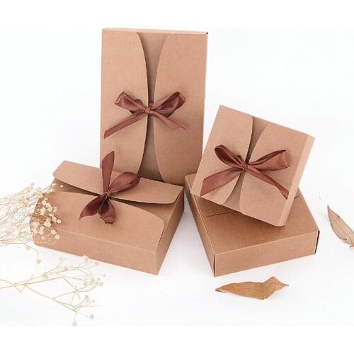 Square Vintage Kraft Paper Box Cardboard Package Valentines Day Gift Candy Jewelry Storage Handmade Soap Boxes With Ribbons