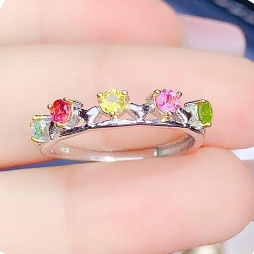 Per jewelry Natural real colorful tourmaline round small ring Free shipping 0.15ct*5pcs gemstone 925 sterling silver J215304