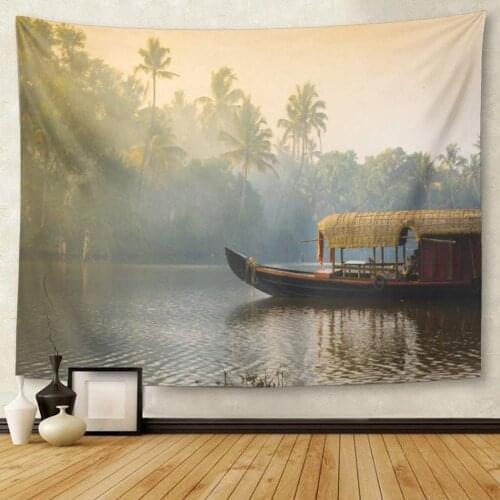 Traditional House Boat is Anchored Shores of Fishing Lake Tapestry Wall Hanging for Living Room Bedroom Dorm 50x60 inches
