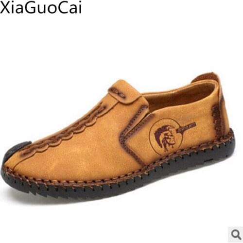 XiaGuoCai New 2017 Spring Men Casual Shoes Breathable Genuine Leather Men Flats Hand Stitching Leisure Anti-skid Shoes L50 35