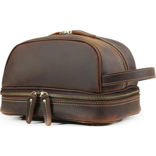 POOLOOS Thick Leather Clutch Bag Mens Wash Bag Storage Bag Genuine Leather Toiletry Kits Bag Real Cowskin Make Up Day Clutch