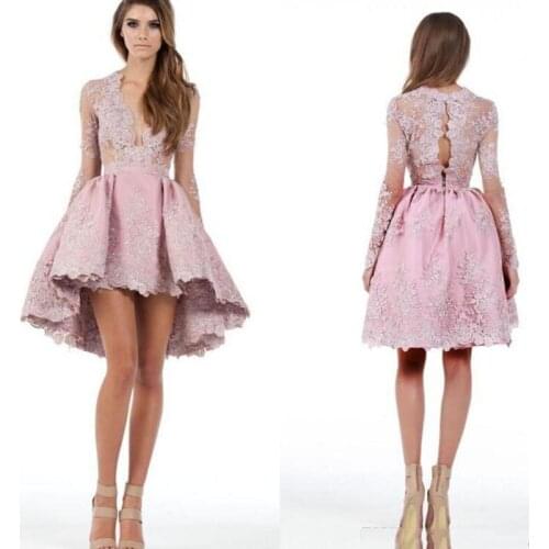 Sheer Long Sleeves High Low Cocktail Party Dresses 2021 Plunging V Neck Lace Applique Homecoming Prom Gowns Fashion Short