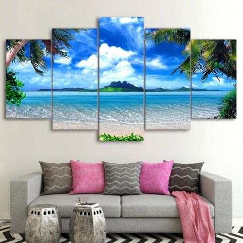 Frame Decor Room Wall Art 5 Pieces Palm Trees Blue Sky White Cloud Sea Scene Paintings Posters Modular Pictures Canvas HD Prints