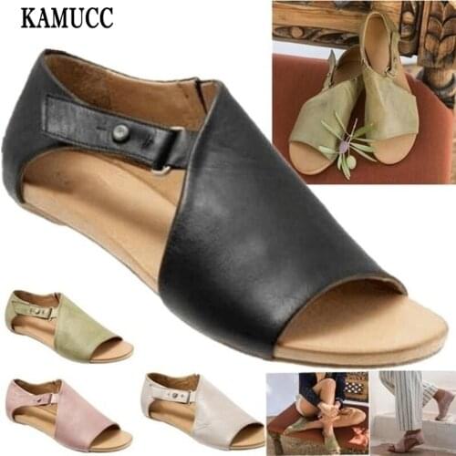 Summer Women Casual Flat Sandals Fashion New Ladies pu Leather Slip On Peep Toe Low Heel Shoes Roman Beach Shoes Large Plus Size